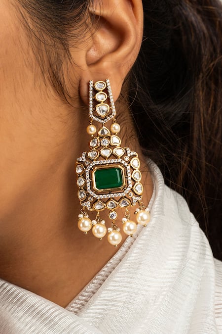 Shop Zevar King Green Stones, Pearls Geometric Studded Earrings at Aza Fashions Shop_Zevar King_Green Stones, Pearls Geometric Studded Earrings _at_Aza_Fashions