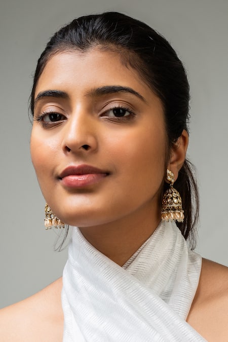 Zevar King White Scallop Stone Studded Jhumkas 