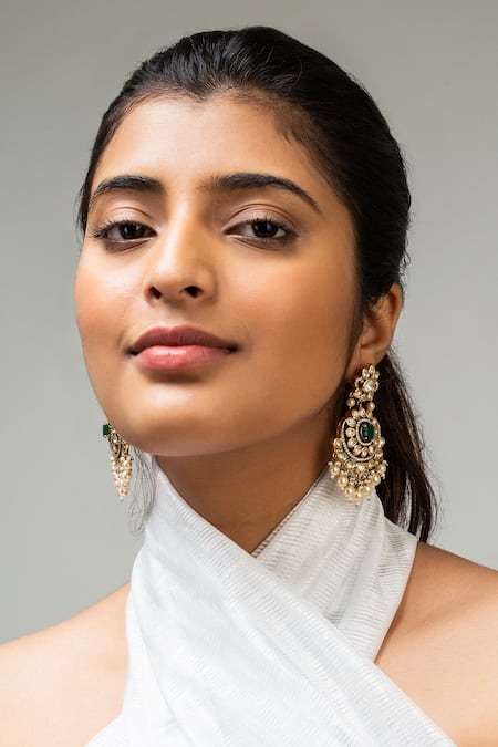 Zevar King Green Pearls, Stones Floral Chandbali Earrings 