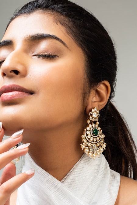Shop Zevar King Green Pearls, Stones Floral Chandbali Earrings at Aza Fashions Shop_Zevar King_Green Pearls, Stones Floral Chandbali Earrings _at_Aza_Fashions