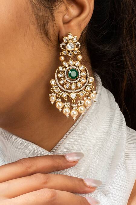 Zevar King Green Pearls, Stones Floral Chandbali Earrings Online at Aza Fashions Zevar King_Green Pearls, Stones Floral Chandbali Earrings _Online_at_Aza_Fashions