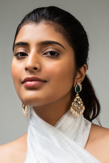 Zevar King Green Stones, Pearls Antique Gold Plated Drop Earrings 