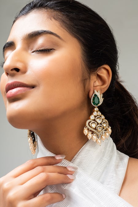 Shop Zevar King Green Stones, Pearls Antique Gold Plated Drop Earrings at Aza Fashions Shop_Zevar King_Green Stones, Pearls Antique Gold Plated Drop Earrings _at_Aza_Fashions