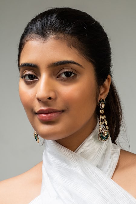 Zevar King Green Stones Antique Gold Lotus Earrings 