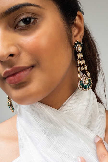 Shop Zevar King Green Stones Antique Gold Lotus Earrings at Aza Fashions Shop_Zevar King_Green Stones Antique Gold Lotus Earrings _at_Aza_Fashions