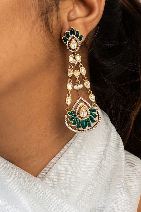 Zevar King Green Stones Antique Gold Lotus Earrings Online at Aza Fashions Zevar King_Green Stones Antique Gold Lotus Earrings _Online_at_Aza_Fashions