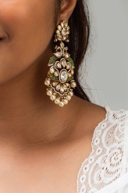 Shop Zevar King Green Stones Antique Gold Peacock Earrings at Aza Fashions Shop_Zevar King_Green Stones Antique Gold Peacock Earrings _at_Aza_Fashions