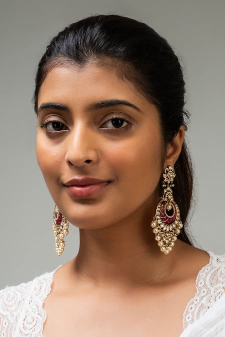 Zevar King Red Pearls, Stones Studded Floral Chandbali Earrings 