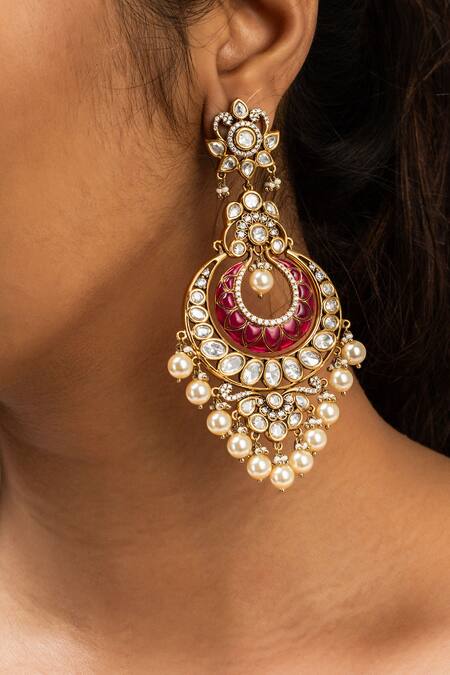 Zevar King Red Pearls, Stones Studded Floral Chandbali Earrings Online at Aza Fashions Zevar King_Red Pearls, Stones Studded Floral Chandbali Earrings _Online_at_Aza_Fashions