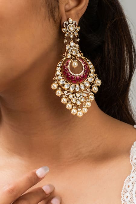 Shop Zevar King Red Pearls, Stones Studded Floral Chandbali Earrings at Aza Fashions Shop_Zevar King_Red Pearls, Stones Studded Floral Chandbali Earrings _at_Aza_Fashions