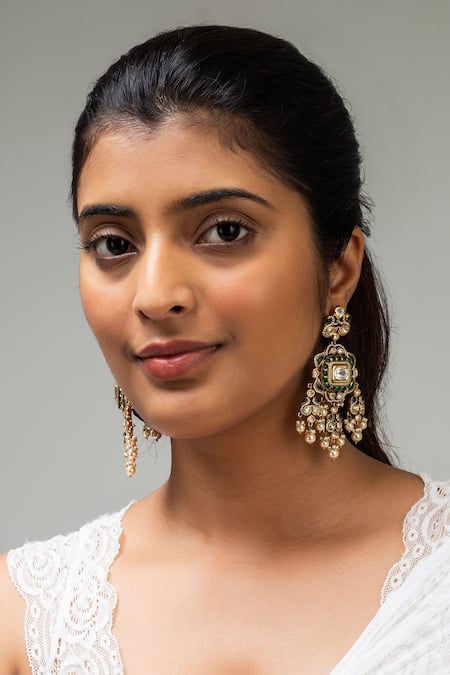 Zevar King Green Pearls, Stones Geometric Studded Earrings 