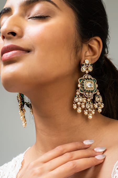 Shop Zevar King Green Pearls, Stones Geometric Studded Earrings at Aza Fashions Shop_Zevar King_Green Pearls, Stones Geometric Studded Earrings _at_Aza_Fashions