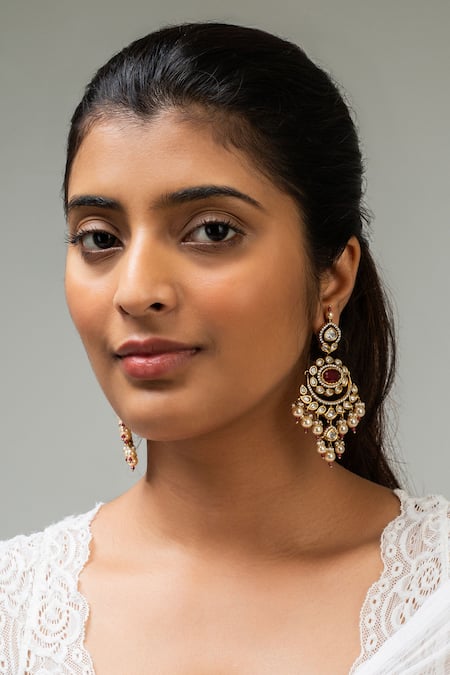 Zevar King Red Pearls, Stones Floral Studded Chandbali Earrings 