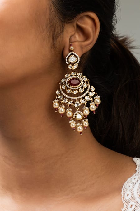 Shop Zevar King Red Pearls, Stones Floral Studded Chandbali Earrings at Aza Fashions Shop_Zevar King_Red Pearls, Stones Floral Studded Chandbali Earrings _at_Aza_Fashions