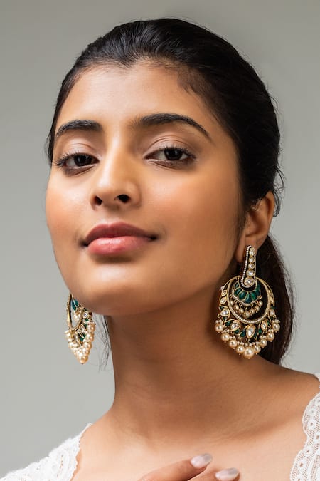 Zevar King Green Pearls, Stones Antique Gold Plated Chandbali Earrings 