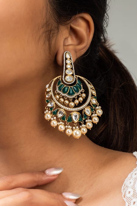 Shop Zevar King Green Pearls, Stones Antique Gold Plated Chandbali Earrings at Aza Fashions Shop_Zevar King_Green Pearls, Stones Antique Gold Plated Chandbali Earrings _at_Aza_Fashions
