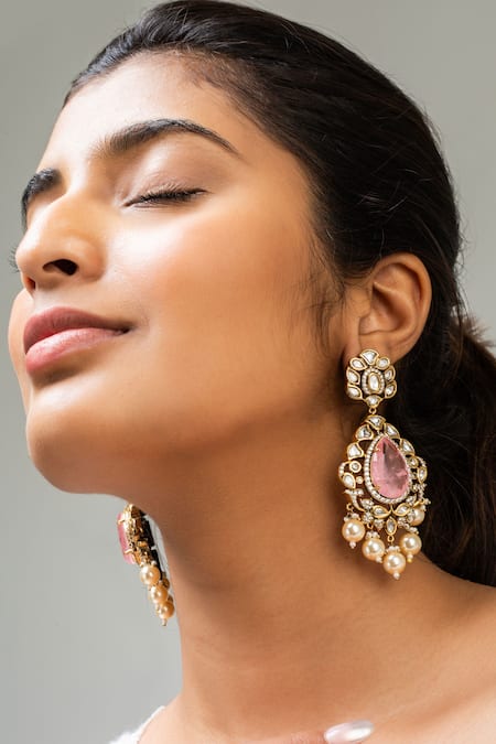Shop Zevar King Pink Stones, Pearls Antique Gold Plated Petal Earrings at Aza Fashions Shop_Zevar King_Pink Stones, Pearls Antique Gold Plated Petal Earrings _at_Aza_Fashions
