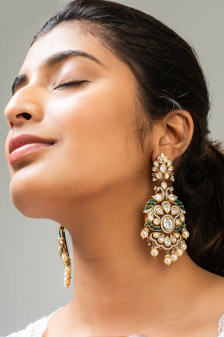 Shop Zevar King Green Stones, Pearls Antique Gold Plated Peacock Drop Earrings at Aza Fashions Shop_Zevar King_Green Stones, Pearls Antique Gold Plated Peacock Drop Earrings _at_Aza_Fashions