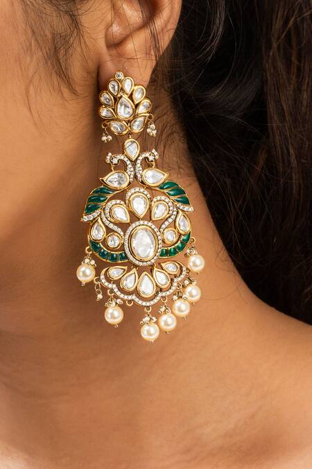 Zevar King Green Stones, Pearls Antique Gold Plated Peacock Drop Earrings Online at Aza Fashions Zevar King_Green Stones, Pearls Antique Gold Plated Peacock Drop Earrings _Online_at_Aza_Fashions