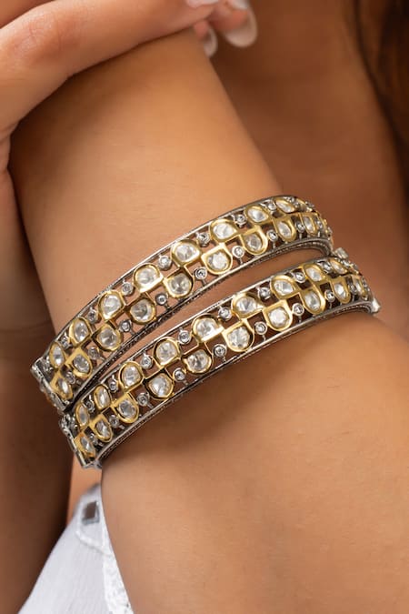 Shop Zevar King White Stones Antique Gold Plated Bangle at Aza Fashions Shop_Zevar King_White Stones Antique Gold Plated Bangle _at_Aza_Fashions