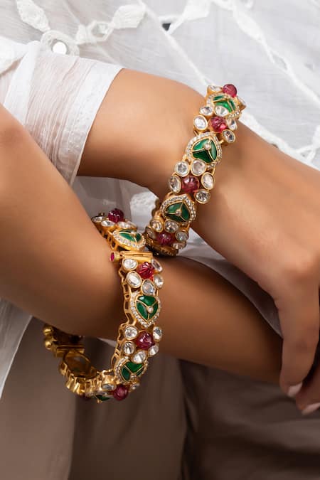 Zevar King Gold Plated Stones Antique Geometric Bangle 