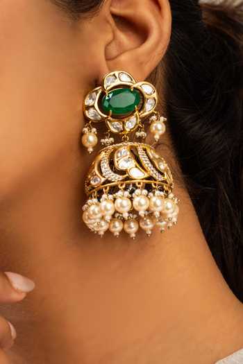 Shop Zevar King Green Stones, Beads Antique Gold Floral Jhumkas at Aza Fashions Shop_Zevar King_Green Stones, Beads Antique Gold Floral Jhumkas _at_Aza_Fashions