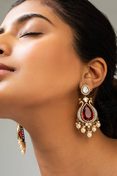Zevar King Red Stones, Beads Antique Gold Peacock Shaped Danglers Online at Aza Fashions Zevar King_Red Stones, Beads Antique Gold Peacock Shaped Danglers _Online_at_Aza_Fashions