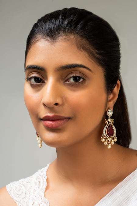 Shop Zevar King Red Stones, Beads Antique Gold Peacock Shaped Danglers at Aza Fashions Shop_Zevar King_Red Stones, Beads Antique Gold Peacock Shaped Danglers _at_Aza_Fashions