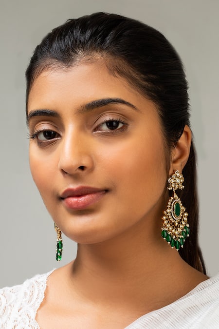 Zevar King Green Stones, Beads Antique Gold Plated Floral Earrings 