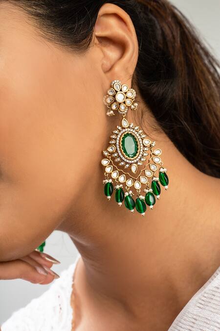 Zevar King Green Stones, Beads Antique Gold Plated Floral Earrings Online at Aza Fashions Zevar King_Green Stones, Beads Antique Gold Plated Floral Earrings _Online_at_Aza_Fashions