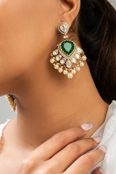 Zevar King_Green Stones, Beads Antique Gold Plated Tear Drop Earrings _Online_at_Aza_Fashions