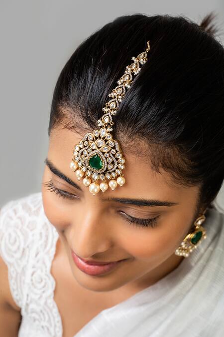Zevar King_Green Stone Bead Maangtikka _Online_at_Aza_Fashions
