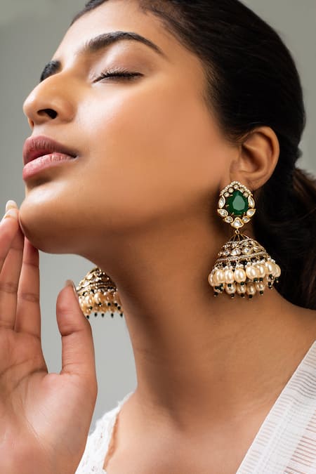 Zevar King Green Stones, Beads Antique Gold Geometric Jhumkas Online at Aza Fashions Zevar King_Green Stones, Beads Antique Gold Geometric Jhumkas _Online_at_Aza_Fashions