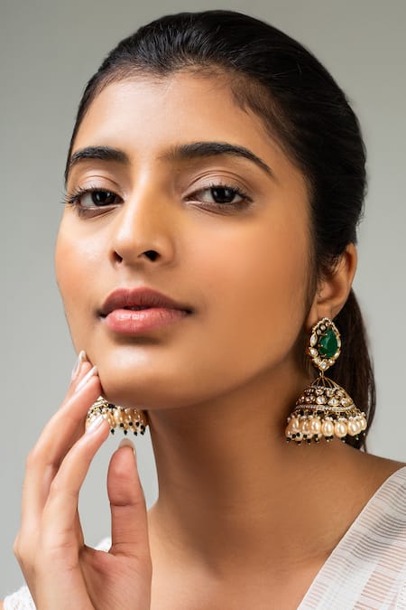 Shop Zevar King Green Stones, Beads Antique Gold Geometric Jhumkas at Aza Fashions Shop_Zevar King_Green Stones, Beads Antique Gold Geometric Jhumkas _at_Aza_Fashions