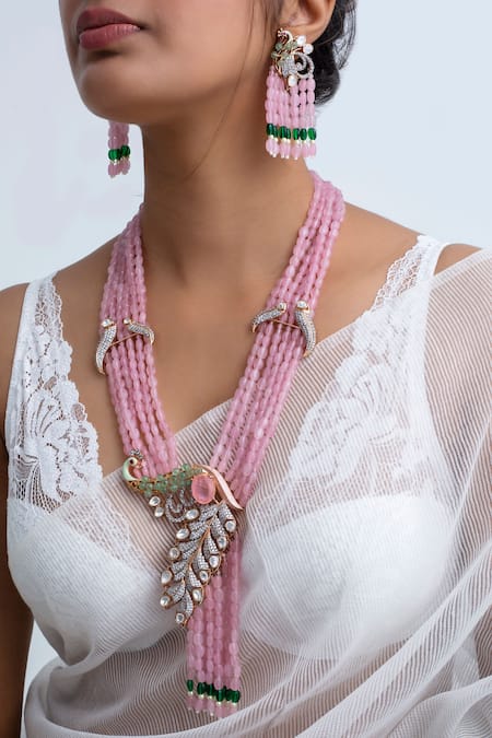 Shop Zevar King Pink Stones, Beads Gold Plated Necklace Set at Aza Fashions Shop_Zevar King_Pink Stones, Beads Gold Plated Necklace Set _at_Aza_Fashions