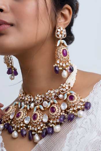 Shop Zevar King Multi Color Stones, Beads Gulshan Embellished Necklace Set at Aza Fashions Shop_Zevar King_Multi Color Stones, Beads Gulshan Embellished Necklace Set _at_Aza_Fashions