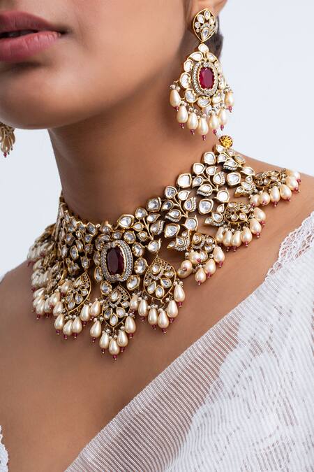 Zevar King_Red Pearls, Stones, Beads Bloom Vine Embellished Choker Set _Online_at_Aza_Fashions
