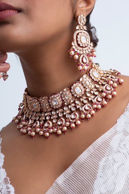 Zevar King Red Pearls, Stones Bahar Vine Embellished Necklace Set Online at Aza Fashions Zevar King_Red Pearls, Stones Bahar Vine Embellished Necklace Set _Online_at_Aza_Fashions