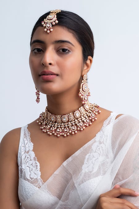 Zevar King Red Pearls, Stones Bahar Vine Embellished Necklace Set