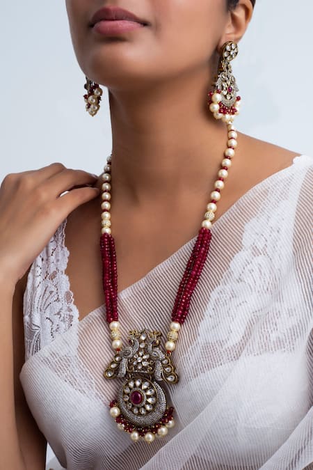 Zevar King_Multi Color Stones, Beads Antique Gold Peacock Garden Necklace Set _Online_at_Aza_Fashions