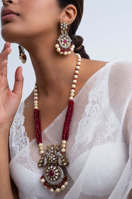 Shop_Zevar King_Multi Color Stones, Beads Antique Gold Peacock Garden Necklace Set _at_Aza_Fashions