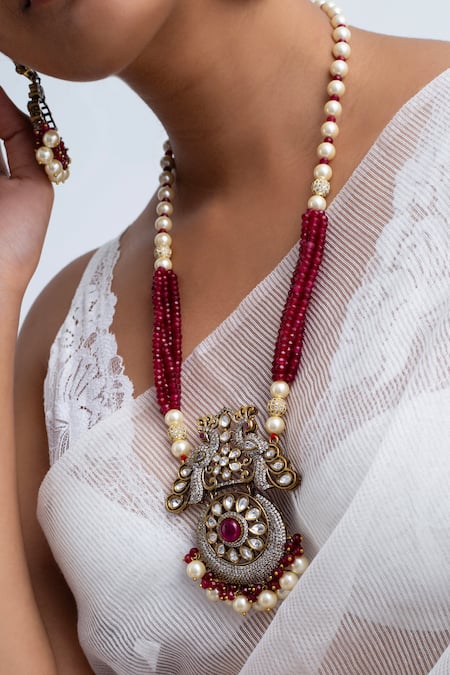 Buy_Zevar King_Multi Color Stones, Beads Antique Gold Peacock Garden Necklace Set _Online_at_Aza_Fashions