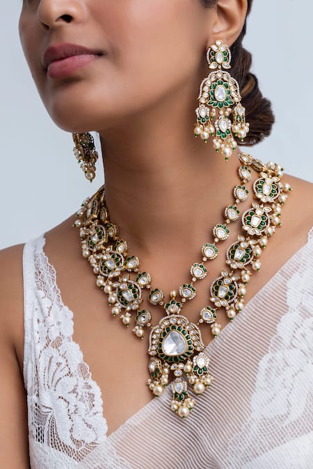 Zevar King Green Pearls, Stones Antique Gold Plated And Necklace Set Online at Aza Fashions Zevar King_Green Pearls, Stones Antique Gold Plated And Necklace Set _Online_at_Aza_Fashions