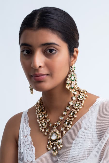 Zevar King Green Pearls, Stones Antique Gold Plated And Necklace Set 
