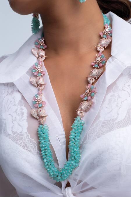 Zevar King_Rose Gold Beads, Stones Floral Elephant Motif Necklace Set _Online_at_Aza_Fashions