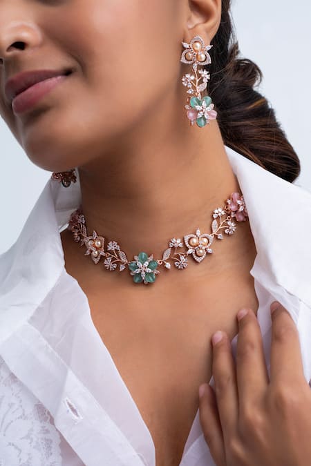 Zevar King Rose Gold Floral Choker Necklace Set 