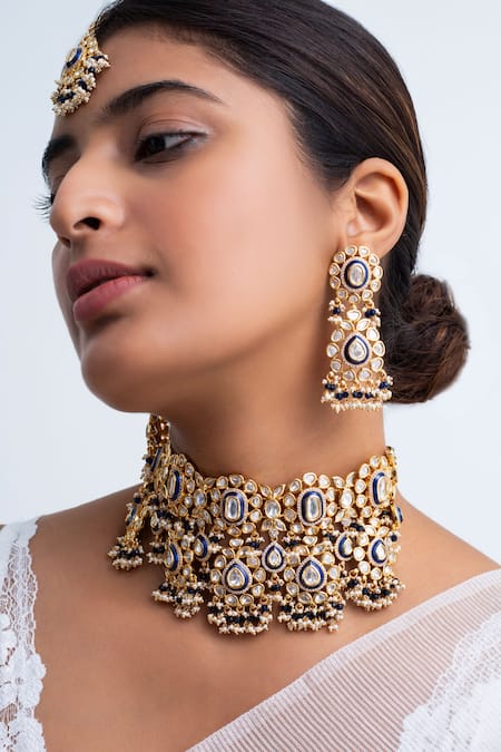 Shop Zevar King Blue Stones, Pearls Floral Choker Necklace Set at Aza Fashions Shop_Zevar King_Blue Stones, Pearls Floral Choker Necklace Set _at_Aza_Fashions