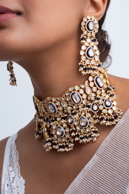 Zevar King Blue Stones, Pearls Floral Choker Necklace Set Online at Aza Fashions Zevar King_Blue Stones, Pearls Floral Choker Necklace Set _Online_at_Aza_Fashions