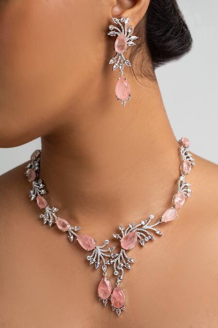 Zevar King_Pink Beads, Stones Floral Vine Necklace Set _Online_at_Aza_Fashions