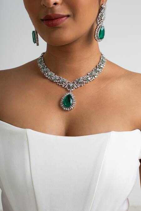 Zevar King Green Stones Embellished Necklace Set Online at Aza Fashions Zevar King_Green Stones Embellished Necklace Set_Online_at_Aza_Fashions